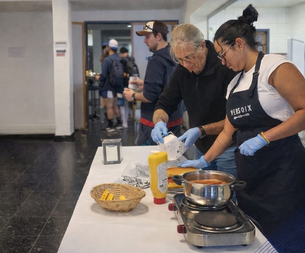 Deux bénévoles préparent des hot-dogs à la cantine du Derby